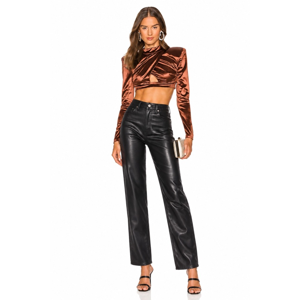 Michael Costello x REVOLVE Bronze Draped Crop Top Mock Neck Padded Shoulde M